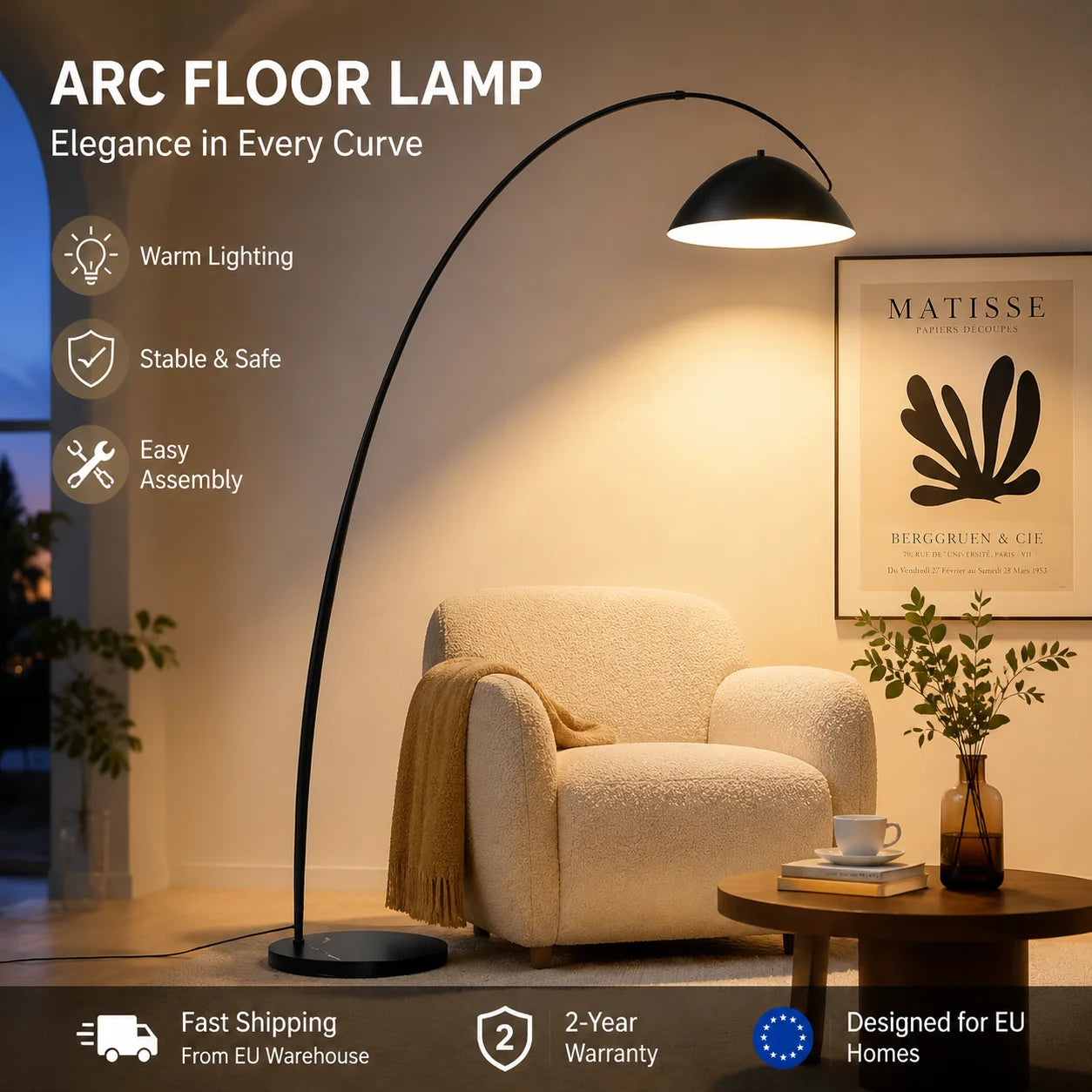 Lampadaire Moderne Arc Noir Minimaliste