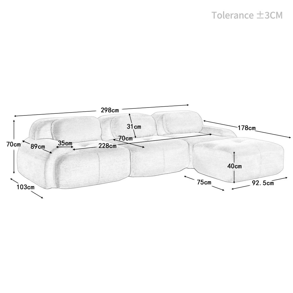 Canapé d'angle modulaire en tissu avec cordon, aucun assemblage requis, accoudoirs extra larges, rembourrage à haute élasticité 32D, canapé ergonomique et confortable