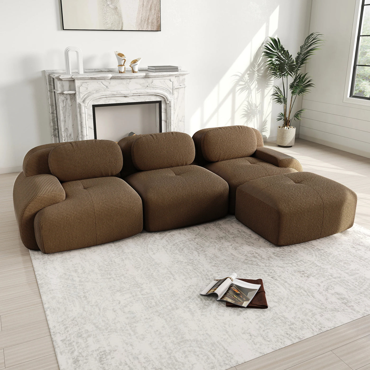 Canapé d'angle modulaire en tissu avec cordon, aucun assemblage requis, accoudoirs extra larges, rembourrage à haute élasticité 32D, canapé ergonomique et confortable