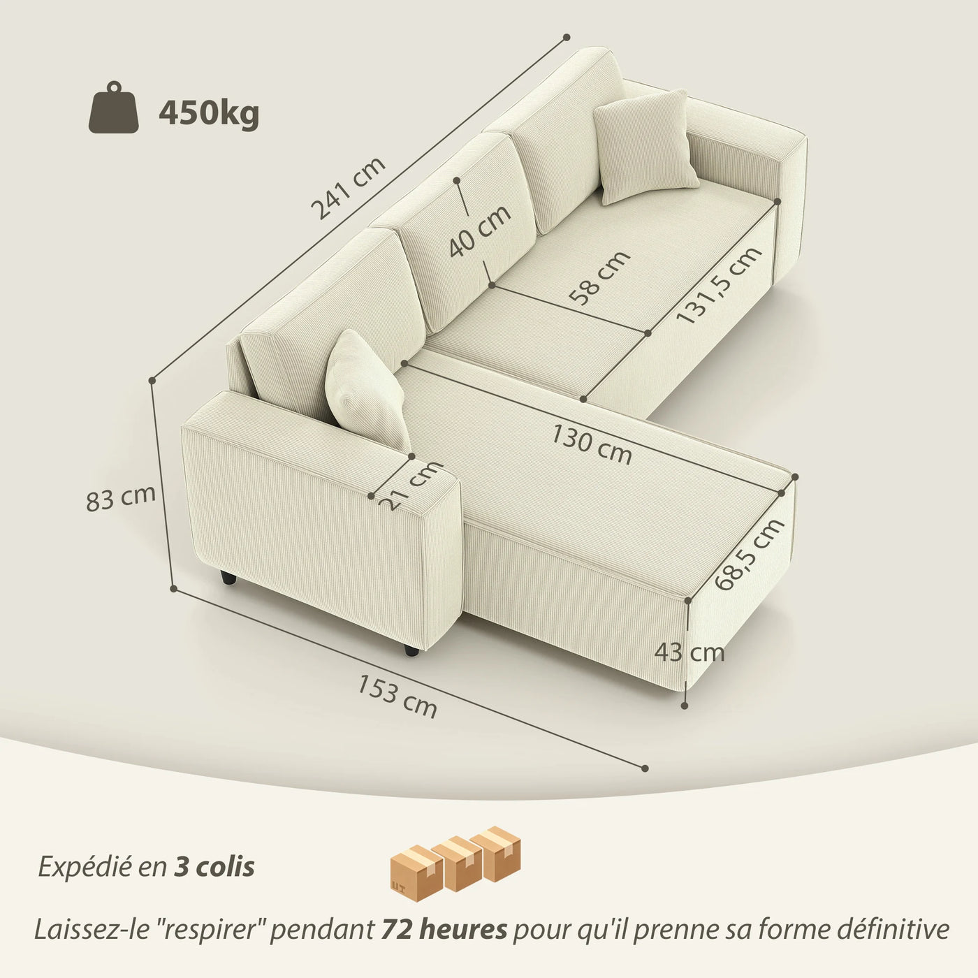 HOMCOM Canapé d'angle réversible - Crème