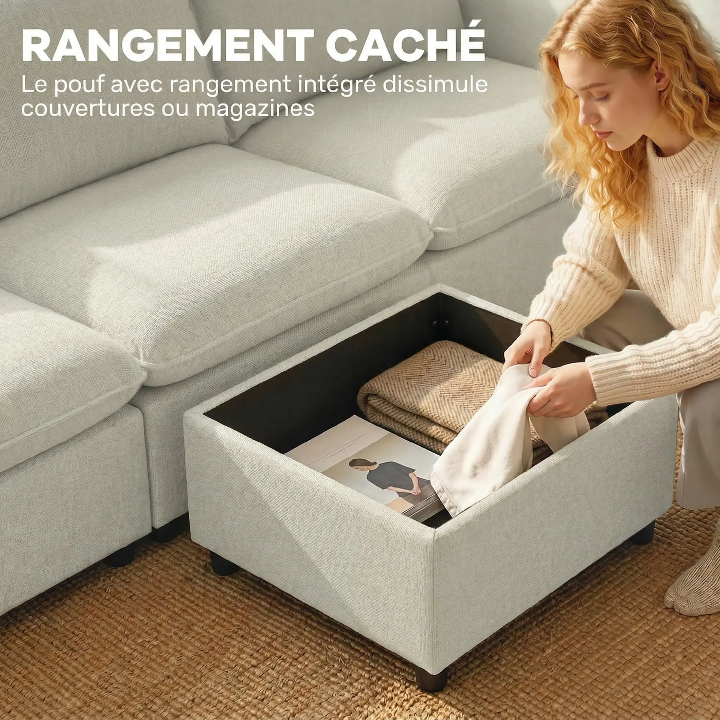 Canapé 3 places avec pouf - Crème
